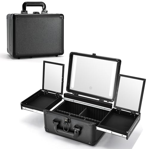 Mallette de maquillage de voyage avec miroir LED - Boîte de rangement avec séparateurs réglables et plateaux pliables - Noir mat.