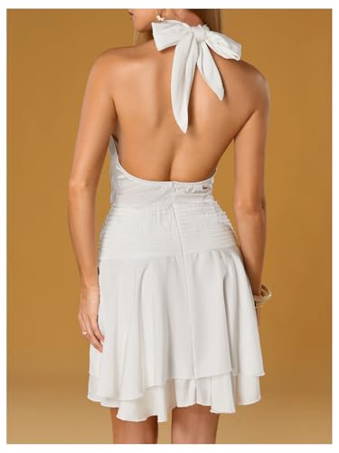 Image of Floerns Women's Summer Mini Dress Sleeveless Halter Backless Ruched Date Night Layered A Line Dresses