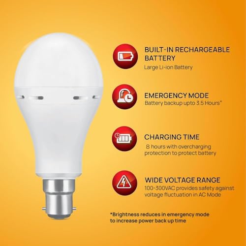 Image of wipro Garnet 11W LED Emergency Bulb | Cool Day White (6500K) | B22 LED Bulb Base | Inverter Bulb for home, with upto 3.5 Hours battery back up| Li-ion Battery | Over charging Protection | Pack of 4