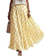 Boho Skirts for Women Midi Length Loose Fit Plaid Long Flowy Elastic Waist A-Line Skirt Summer Ca...