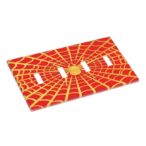 Decorative Switch Plate Covers Red Background with Golden Spiderweb Spider 4 Gang Light Switch Cover Plate Quad Toggle Wall Plate Light Switch Covers for Bedroom Home Decor