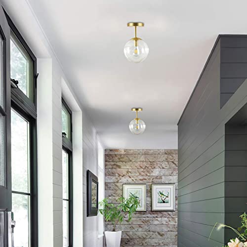 Mid Century Modern Globe Semi Flush Mount Ceiling Light Fixture, Clear Glass With Gold Brass Finish,1-Light Sphere Glass Pendant Lights For Aisle Porch Stairway Closet Kitchen Laundry Room(Bulb Incl.) #TOP1
