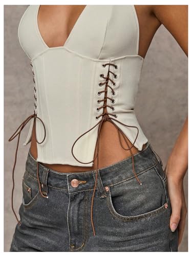 MakeMeChic Women's Y2K Halter Corset Crop Tops Cowboy Chic Lace Up Sleeveless Cami Top3