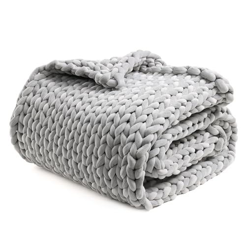 YnM Velvet Weighted Blanket, Handmade Chunky Knitted Design, Soft and Cozy, Temperature Regulating and Breathable, Machine Washable Throw for Sleep or Home Decor (Light Grey, 60x80 Inch, 20lbs)
