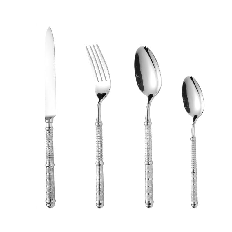 Ce Service de Couverts à Manche martelé de 24 pièces en Acier Inoxydable Comprend Un Couteau, Une cuillère et Une Fourchette. Idéal pour la Maison, l'hôtel ou Toute Autre Occasion. Couleur :