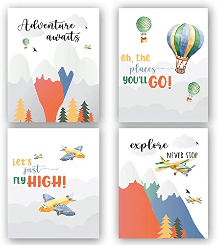 Adventure Awaits Wall Art,Inspirational Explore Famous Quotes Art Printing，Cute Cartoon Inspirational Sayings Canvas Wall Art，Perfect Nursery Kids Room Decor Set Of 4 (8”X 10”), No Frame #TOP4