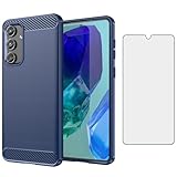 Asuwish Phone Case for Samsung Galaxy M55 5G with Tempered Glass Screen Protector Cover and Cell Accessories Slim Soft Silicone Rubber Mobile Protective C55 F55 55M G5 Women Men Carbon Fiber Navy Blue