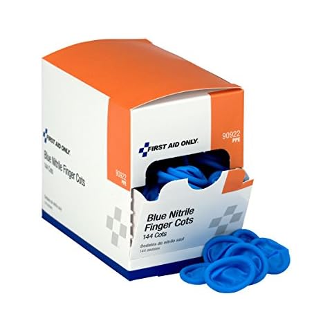 First Aid Only 90922 Blue Nitrile Finger Cots, Disposable Rubber Finger Protectors for Offices, Kitchens, Home, and More, 144 Pack Cover