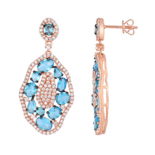 14K Rose Gold Plated 925 Silver Simulated Blue Topaz Dangle Earrings - Main Image