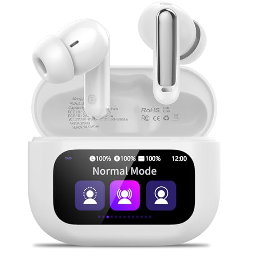 Image of Thunelec Wireless Earbuds with Touch Screen, 2026 New Bluetooth 5.4 Headphones with ANC /ENC Mic, 50H HiFi Stereo Ear Buds with 5 EQ Modes, Transparency Mode, IPX7 Earphones for Running /Fitness, White