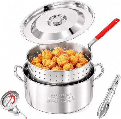 Image of 10QT Fish Fryer Pot with Basket, Lid & Tongs, Stainless Steel Frying Pot | Deep Fryer Pot with Thermometer, For Fish, Chicken Wings & French Fries, Open Flame Only