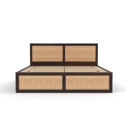 Image of Sheesham Wood Cane Bed with Box Storage for Bedroom | Queen Size Wooden Double Bed Palang with Rattan Headboard & Footboard (Walnut Finish)
