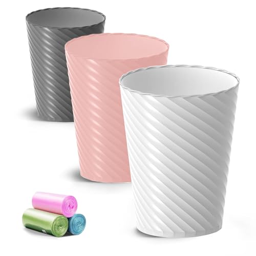 Image of Lysam Bathroom Trash Can, 3 Pack 1.8 Gallons Small Trash Can with Trash Bags, Bathroom Garbage Can, Plastic Trash Bin, Round Waste Basket for Bedroom, Office, Room (White Pink Grey)
