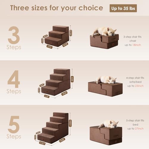 Image of EHEYCIGA Dog Stairs for Small Dogs 13.5 inch H, 3-Step Dog Steps for Couch Sofa and Chair, Pet Steps for Medium Cats, Non-Slip Balanced Pet Ramp Indoor, Brown