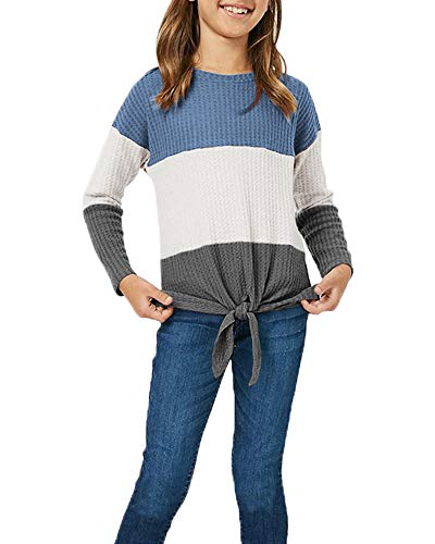 Image of Girls Waffle Colorblock Tie Top Long Sleeve Casua T Shirt Knit Tunic