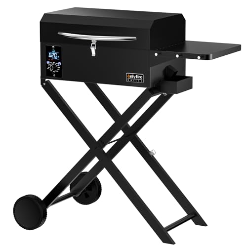 Onlyfire BBQ Wood Pellet Grill Smoker with Foldable Cart Meat Probe 2 Tiers Cooking Area Portable Tabletop Grilling Stove for Outdoor Kitchen Cooking Smoke and Roast RV Camping Black GS343
