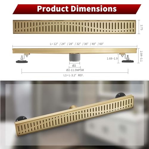 Image of Sharp-tec 24 inch Linear Shower Drain, Gold Rectangular Floor Drain, V-Shape Design Drain Channel, 304 Stainless Steel, cUPC Certificated for Bathroom Shower Room (Drain Base is Not Included)