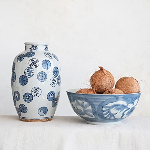 Image of Creative Co-Op Hand Painted Stoneware Bowl with Floral Design, Blue and White
