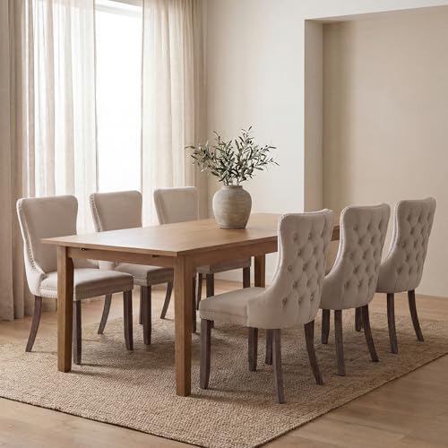 EVERLUNE Beige Velvet Dining Chairs Set of 6, Fabric Upholstered Kitchen & Dining Room Chair, Tufted Mid Century Modern Dinning Room Chairs, High Back, Wood Legs, Sillas de Comedor