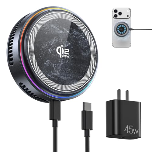 Qi2.2 Wireless Charger25W Fast Charging+Cooling Fan Magnetic Charger Pad with 2 Modes LED Light Phone Holder Fast Charging Compatible with iphone17/16/15/14/13/12 Series (with 45W Adapter)