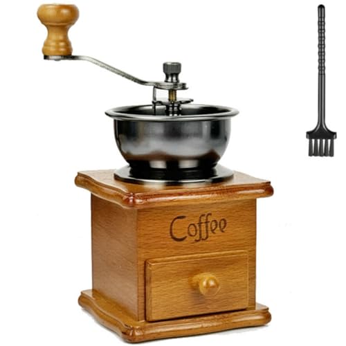 foke手動コーヒーグラインダー | コーヒー豆グラインダー - ミニ コーヒー豆ミル レトロ アンティーク スタイル 鋳鉄 ハンド クランク 木製 引き出し 豆挽き器 クリスマス ギフト おそうじブラシ付 クラシックミル (ナチュラル,木製ハンドル)