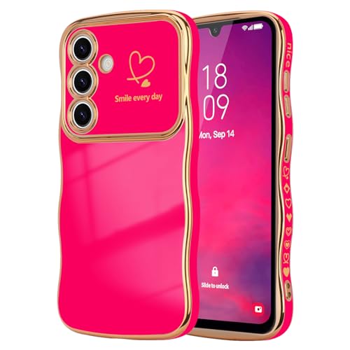 LCHULLE for Samsung Galaxy A17 5G Case for Women Girls, Cute Wave Frame Curly Shape with Love Heart Camera Protection Cover Luxury Plating Shockproof Phone Case for Galaxy A17 5G, Hot Pink