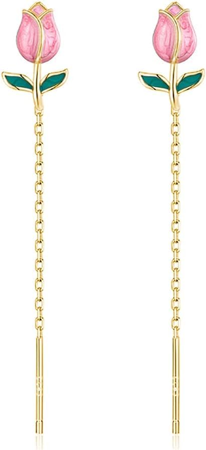 El Regalo Tulip Flower Threader Tassel Earrings for Women Teen Girls- Pink Flower Bud Dangling Chain Studs Earrings- Needle Thread Earrings (B0CTTPHNYR) Amazon Price History, Amazon Price Tracker
