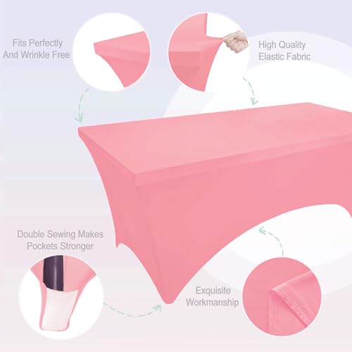 Image of FOLINS&HOME 2 Pack Pink 6ft Fitted Spandex Water Resistant Tablecloth | Washable Elastic Rectangle Table Cover for 6 Foot Folding Tables, Stretch Table Cloth for Weddings, Banquets, Parties (2 Pcs)
