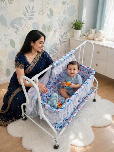 Image of Kiddery Neptune | Cradle for Baby | New Improved Mattress Design | Mosquito Protection Net | Smooth Swing | All Wheel Lock | Palna | Jhula | Uyyala| 0-10 Months | Blue
