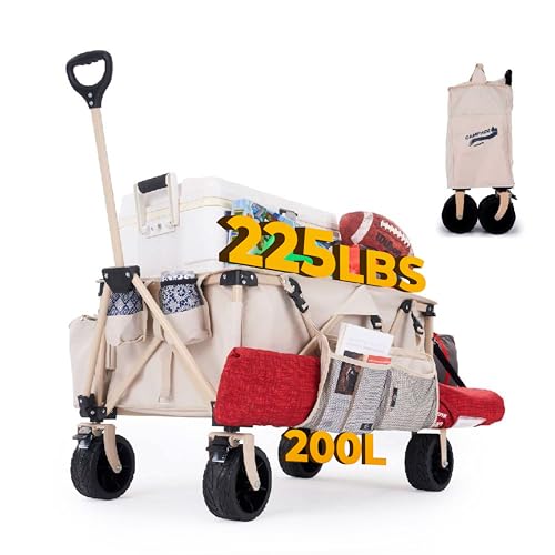 Image of 200L Collapsible Folding Beach Wagon |Heavy Duty Utility Cart Extender |Supports 225lbs |All-Terrain Big Wheels with Breaks for Sports Camping (Beige/Beige)