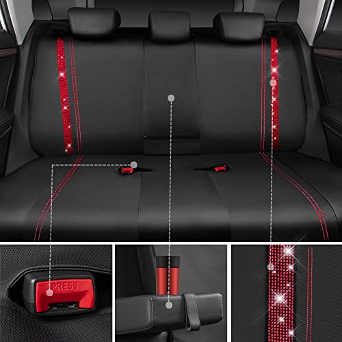 Image of CAR Pass Bling Car Seat Covers Full Set, Shining Rhinestone Diamond Waterproof Faux Leather, Rear with Zipper, Universal Fit Automotive Glitter Crystal Sparkle Strips for Women Girl, Black Red