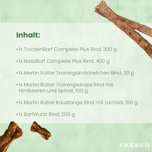 FRESCO Dog Feinschmeckerbox Rind - Geschenkbox für Hunde mit Snacks, Kaustangen und Barf-Menüs - 100% natürlich und getreidefrei - Leckerlis und Hundefutter für alle Rassen (300g, Rindfleisch)