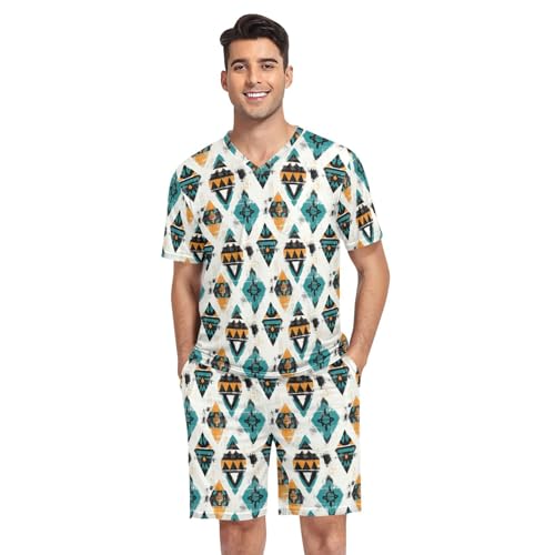 Navajo Aztec Print Men’s Pajama Sets 2 Piece Short Sleeve Sleepwear with Printed Design