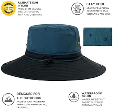 Comhats UPF 50 Zonnehoed met brede rand, zomer-mesh, UV-bescherming, safarihoed, voor vissen, wandelen, boonie-hoeden met kinriem, waterdicht en ademend, L-XL