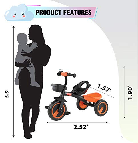 Image of Luvlap Joy Baby Cycle / Tricycle For Kids, 3 To 5 Yrs, Upto 25 Kg, Adjustable Safety Belt, Front & Rear Baskets, 2 Position Adjustment (Orange)