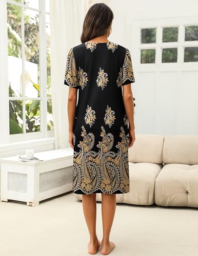 Image of Ekouaer Women's House Dress with Pocket Button Mumus | Short Sleeve Nightgown, Floral Print Mumu Dresses, Square Casual Sleepwear, Boho Roomy Housecoat, Plus Size Soft Sleepwear