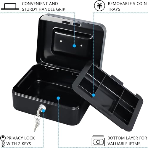 Image of Cash Box with Lock & Key 8 Inch | Heavy Duty Steel Money Safe Box | Cash Storage Box with Removable Tray | 5 Coin Sections & Bill Compartment | Secure Cash Organizer for Home, Shop & Office