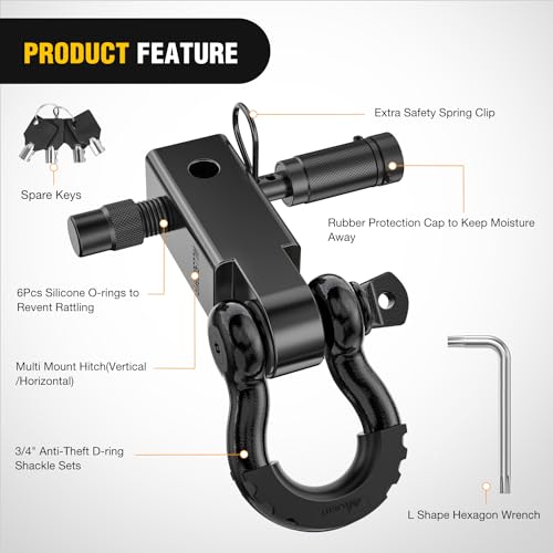 Image of Nilight Anti-Theft Shackle Hitch Receiver 2Inch 45000 LBs Breaking Strength 3 /4 inch Anti-Theft D Ring Shackle 5 /8 inch Trailer Hitch Lock Pin Heavy Duty Solid Towing Kit for Trucks Off Road (Black)