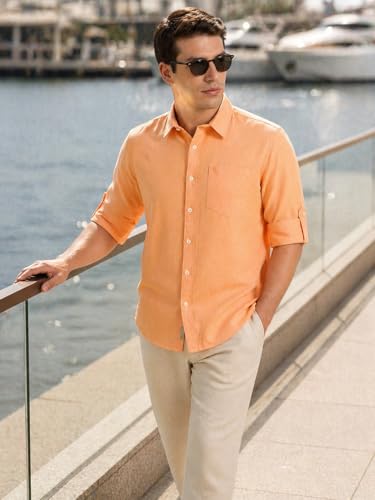Image of Thomas Scott Men's | Solid | Premium Linen Blend | Spread Collar | Summer Wear | Long Sleeve | Shirts for Men