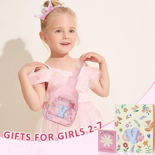 Image of COSHAYSOO Pink Toddler Little Girls Purse 2 3 4 5 6 7 Year Old Kids Sling Bag Initial Crossbody Pouch, Stylish Trending Practical Useful Birthday Christmas Valentines Graduation Gifts Letter V