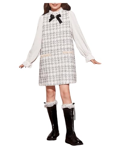 WDIRARA Girl's Plaid Print Bow Front Tweed Dress Flounce Long Sleeve Mock Neck Cute Elegant Short Dresses4