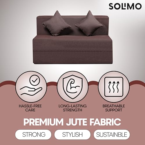 Image of Amazon Brand - Solimo 2 Seater 4 * 6 Jute Fabric Washable Cover Sofa Cum Bed with 2 Cushion 2 Seater Double Foam Fold Out Sofa Cum Bed (Finish Color - Brown Delivery Condition - Pre-Assembled)
