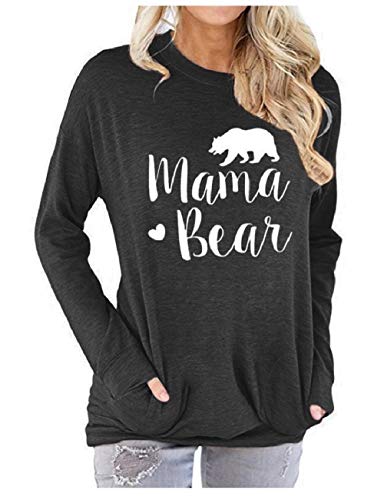 Vaise Womens Mama Bear Shirt Casual Long Sleeve Shirts Mama Shirt Loose Tunics Sweatshirt (L, A-Darkgrey)