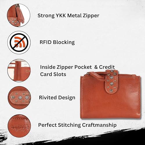 4.75 Inch Genuine Italian Leather Boho Studded Bifold Wallet – Zipper Coin Purse & Credit Card Holder for Women (Cognac)2