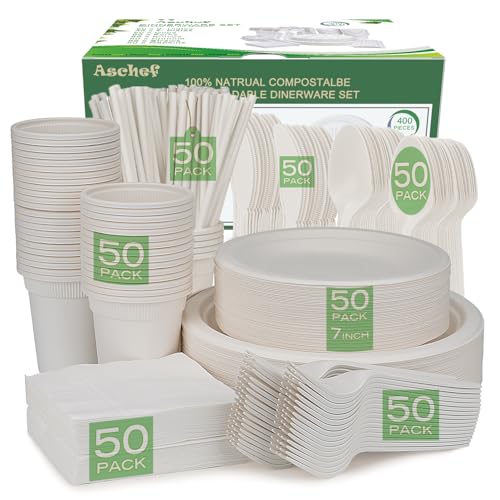 Aschef 400Pcs Assiettes jetable Pas Cher Blanche en Bagasse Bio Vaisselle Tasse Paille Serviette +...