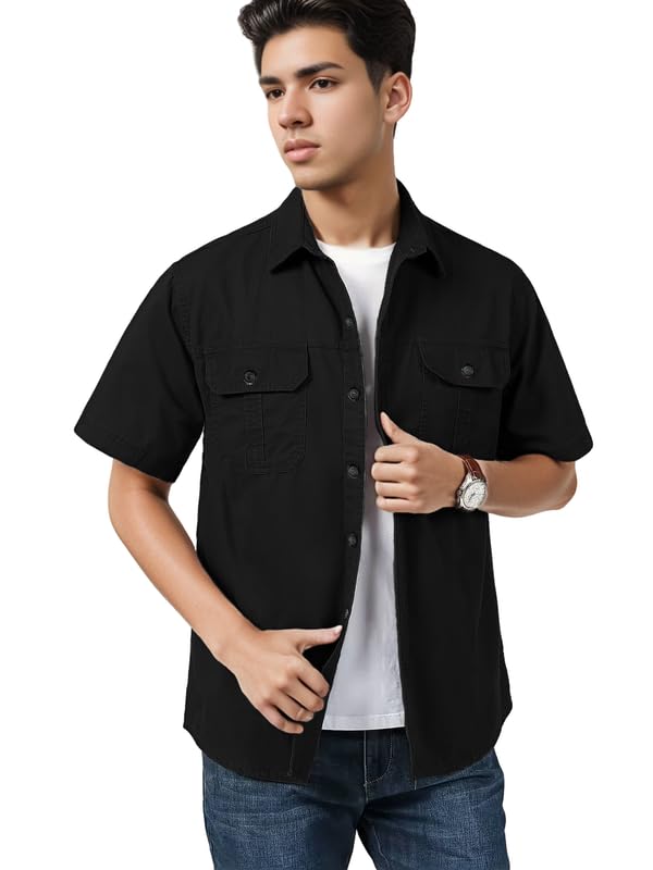 Image of SHIENZY Men's Regular Fit Solid Printed Cotton Casual Shirt || Half Sleeve, Double Pocket || Denim Jacket Style Fashionable Western Outfit