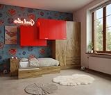 25 Kg MOBILFINO CAMERETTE Cameretta a Ponte con Letto Singolo, Armadio e cassettiera - Spazio e Design - Quercia e Rosso, Sinistra