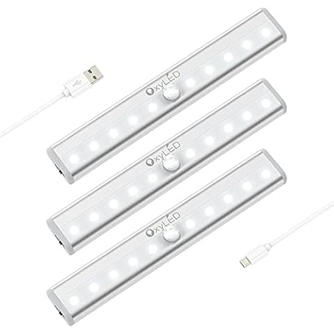 OxyLED Under Cupboard Lights, Wardrobe Lights Rechargeable Motion Sensor Under Cabinet Light Auto On/Off with Magnetic Strip Stick On Anywhere for Cupboard Kitchen Bedroom(10 LED,3Pack) Cover