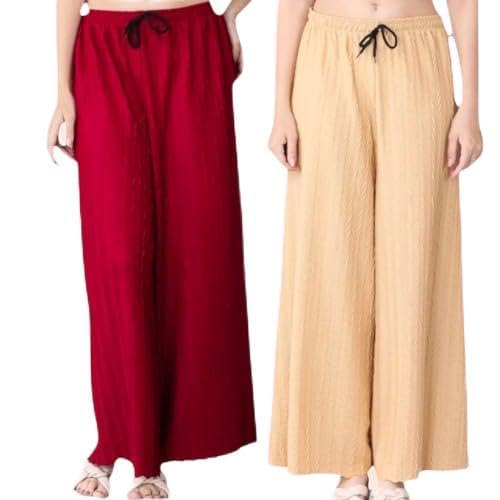 Image of Women Solid Wide Leg Palazzo Pants | Elastic Waist Drawstring Lounge Palazzo Trousers | Casual Comfortable Palazzo for Women & Girls (Pack of 2 Cream-Red