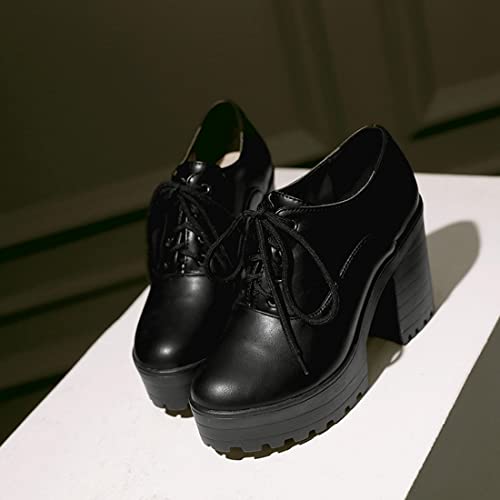 VOKLIN Women's Platform Chunky Block High Heels Pumps Oxford Round Toe Leather Vintage Lace Up Dress Shoes4